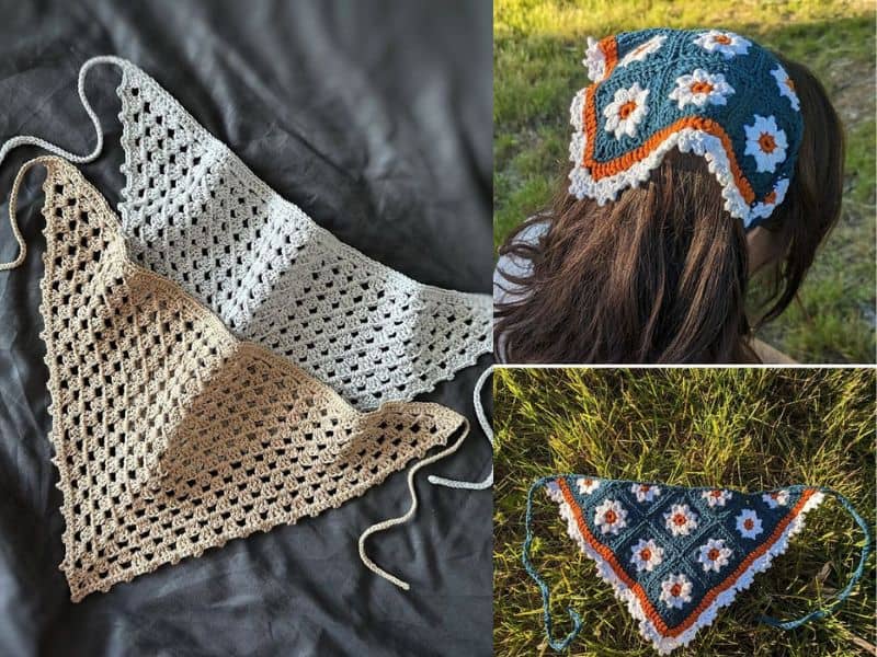 Colagem mostrando bandanas de crochê triangulares em diferentes cores e estilos, incluindo uma bandana floral azul em uso.