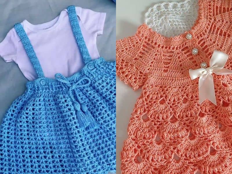 Dois belos vestidos de crochê infantil para 1 ano: um azul com jardineira e camiseta branca, e um salmão com laço branco.