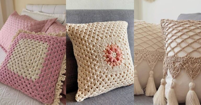 Três capas de almofada de crochê em close-up, cada uma com um design e cor distintos.