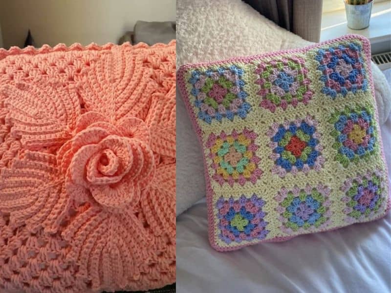 Duas capas de almofada de crochê: uma cor de pêssego com flor central e outra com quadrados coloridos.