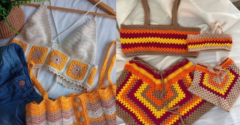 Vários croppeds de crochê coloridos, em estilo verão, dispostos sobre um tecido branco. Um deles está parcialmente sobre uma calça jeans.