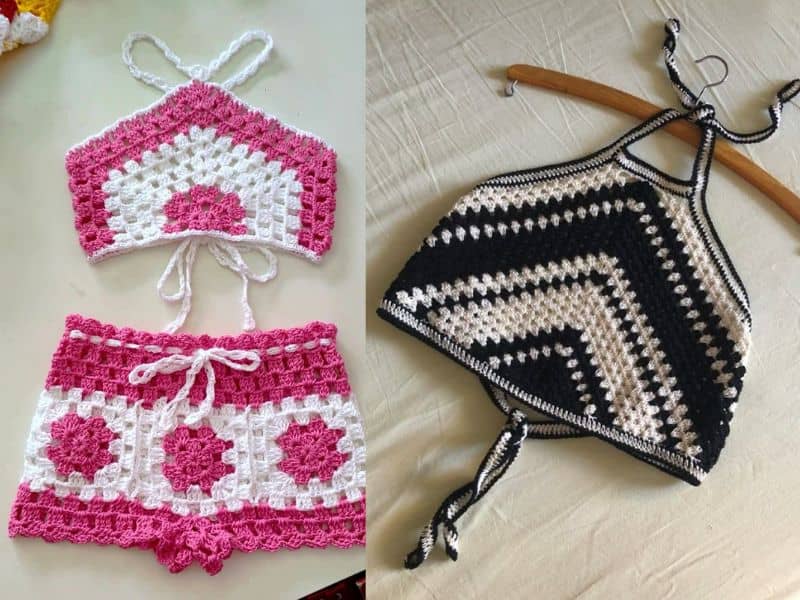 Dois croppeds de crochê: um conjunto rosa e branco com motivos florais, e outro preto e branco pendurado em um cabide.