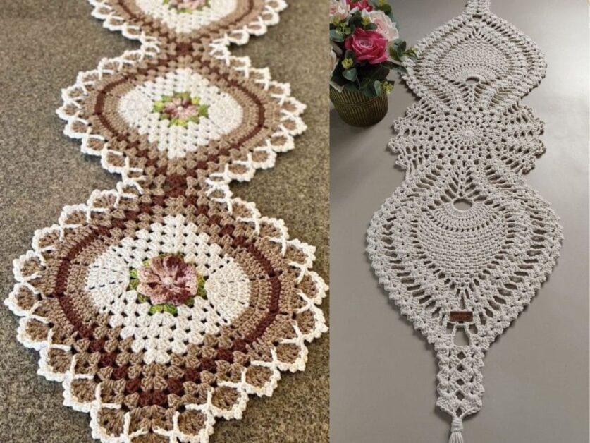 Dois trilhos de mesa de crochê artesanais, um em tons de marrom com flor central e outro em bege, exibidos lado a lado.