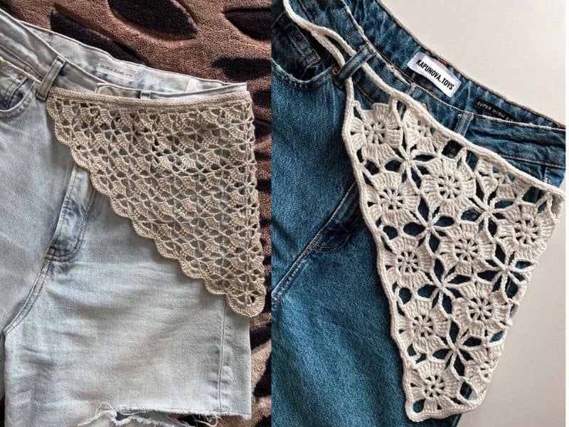 Dois shorts jeans com estilos diferentes de lenços de crochê para cintura anexados, mostrando a tendência.