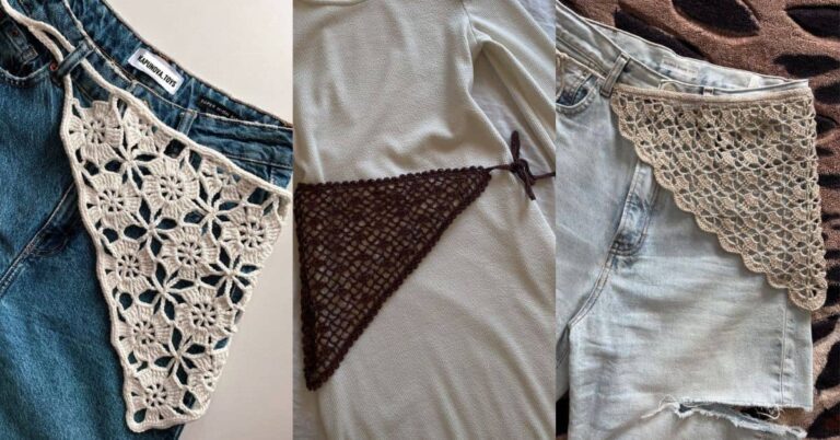 Três exemplos de lenços de crochê para cintura, em jeans e uma blusa.