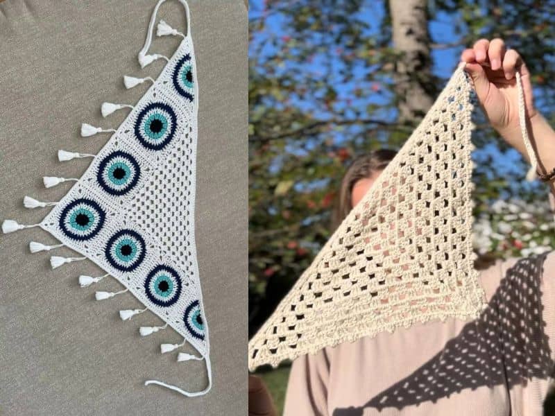 Duas lindas bandanas de crochê, uma com padrão de olho turco e outra lisa.