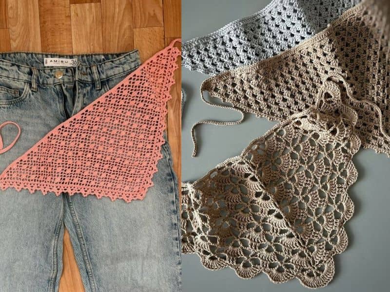 Close-up de lindos lenços de crochê para cintura em tons de rosa, bege e cinza, um deles sobre calça jeans.