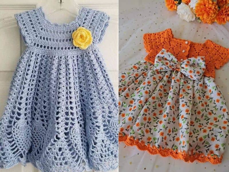 Dois lindos vestidos de crochê infantil: um azul com flor amarela e outro laranja com estampa floral e laço.
