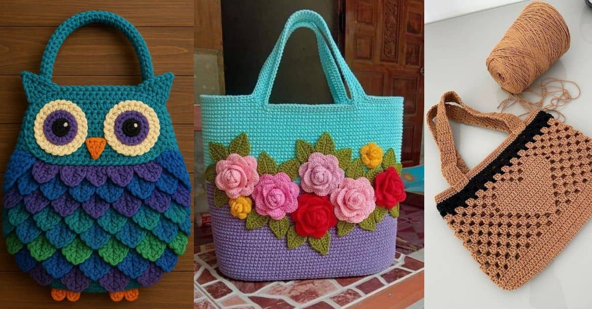 Imagem com três modelos de bolsas de crochê artesanais: uma em formato de coruja, uma com aplicação de flores, e outra com design vazado.