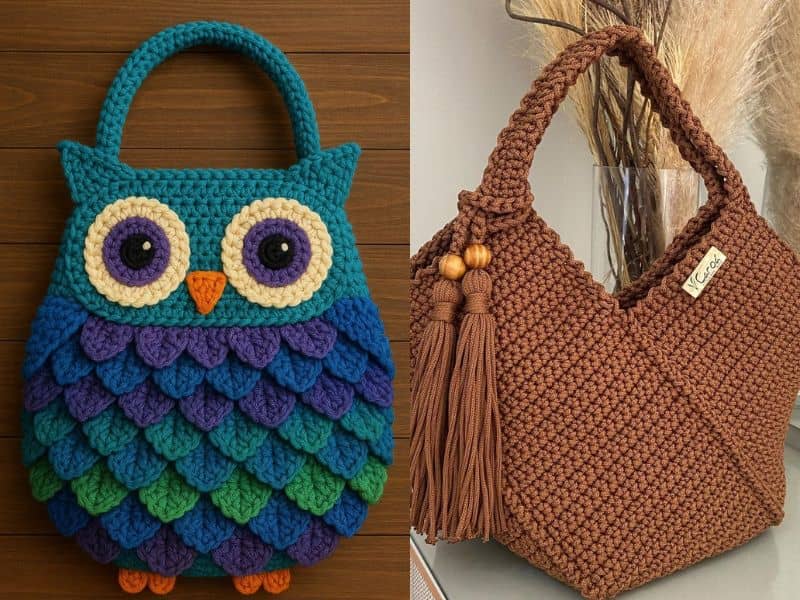 Duas bolsas de crochê: uma em forma de coruja colorida e outra marrom com detalhes em franjas.