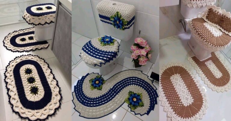 Conjuntos de tapetes de crochê para banheiro em diferentes designs e cores, incluindo um modelo azul e branco com flores e outro marrom e branco.