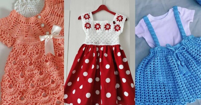 Três vestidos infantis: um de crochê salmão com laço, um branco e vermelho de bolinhas, e um azul com suspensório.