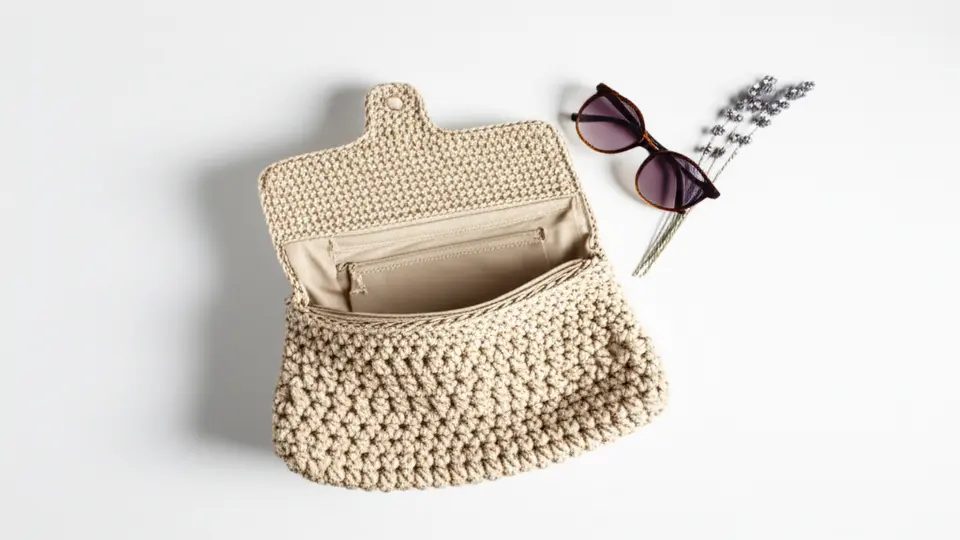Bolsa bege de crochê feita à mão aberta, com óculos de sol e flores secas ao lado.