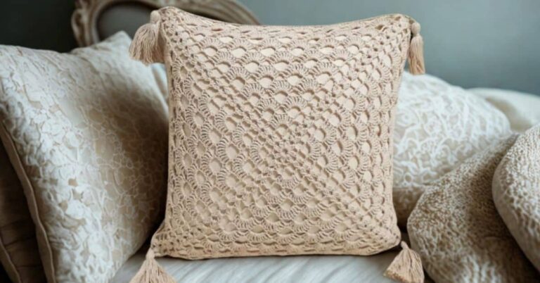 Almofada bege de crochê com detalhes vazados e franjas, parte de uma composição de almofadas decorativas em tons neutros.