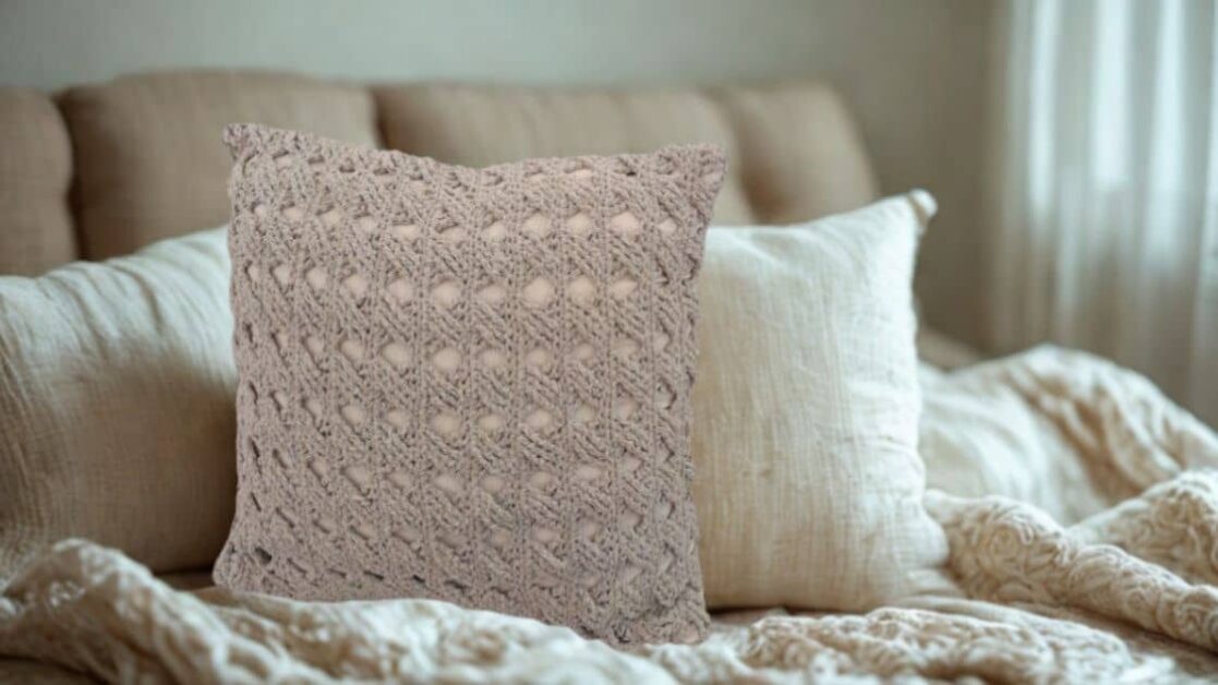 Almofada bege de crochê com padrão vazado em um sofá com outras almofadas e manta texturizada.