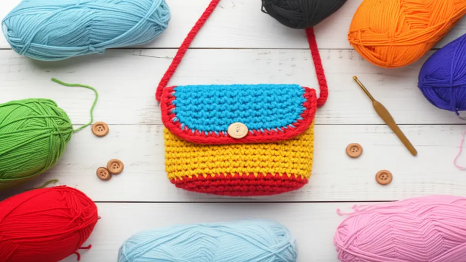 Bolsa infantil de crochê com aba azul, corpo amarelo e detalhes em vermelho, alça vermelha, botão de madeira e novelos de lã coloridos ao redor sobre fundo de madeira branca.