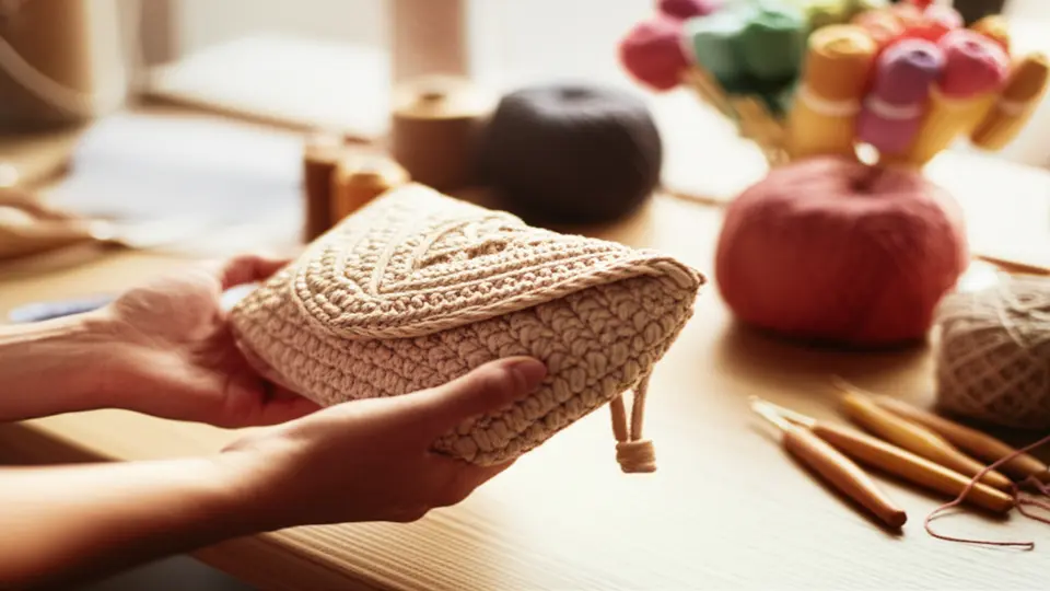 Mãos segurando uma bolsa de mão personalizada de crochê bege, com ferramentas de artesanato e novelos de lã ao fundo.