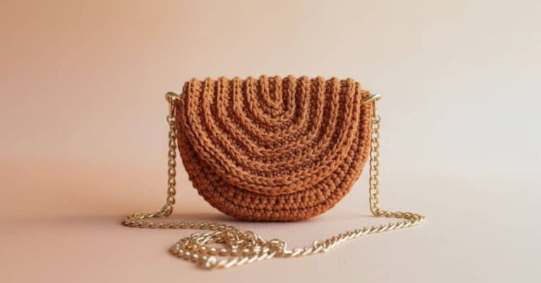 Close-up de uma bolsa de crochê marrom em forma de meia-lua com alça de corrente dourada.