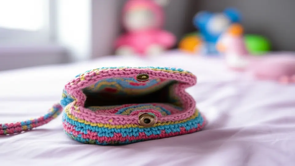 Bolsa infantil de crochê com listras coloridas aberta, mostrando o interior.
