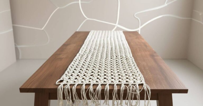 Caminho de mesa de crochê branco, com franjas, estendido sobre uma mesa de madeira marrom.