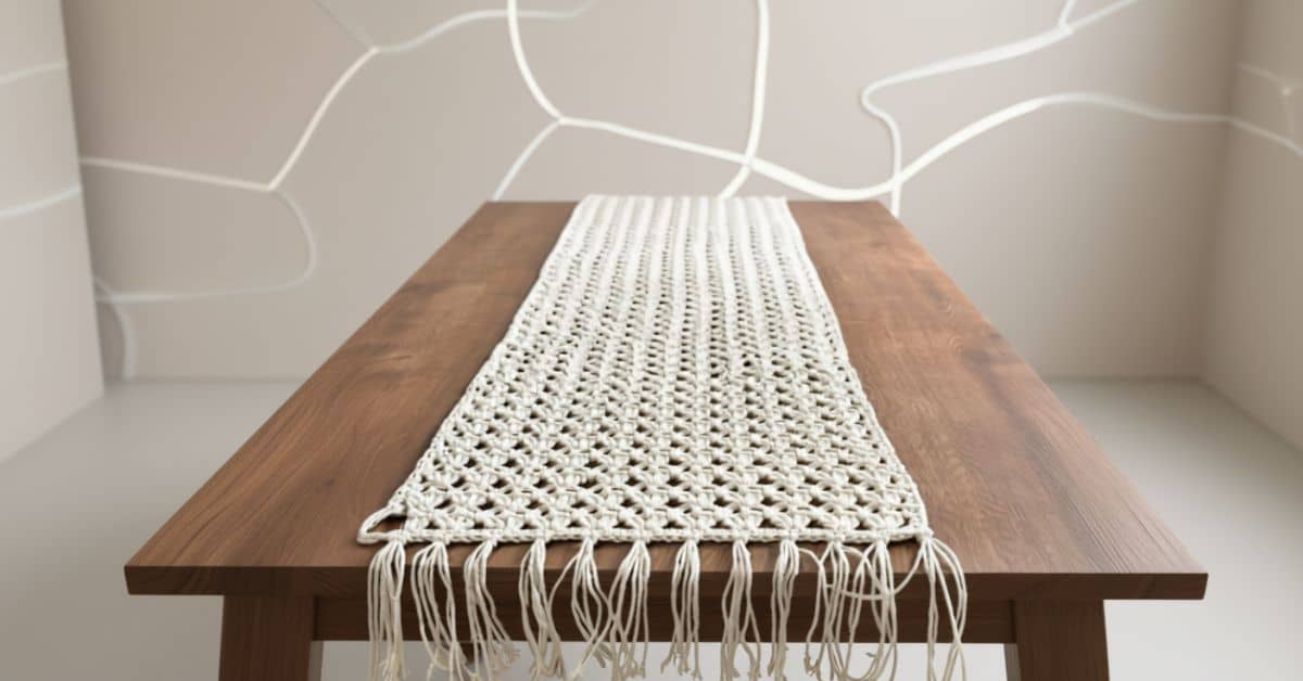 Caminho de mesa de crochê branco, com franjas, estendido sobre uma mesa de madeira marrom.