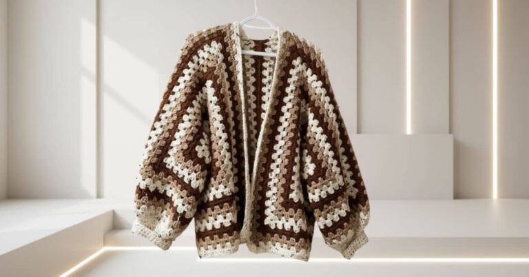 Cardigan de crochê marrom e bege pendurado em um cabide contra um fundo branco minimalista.