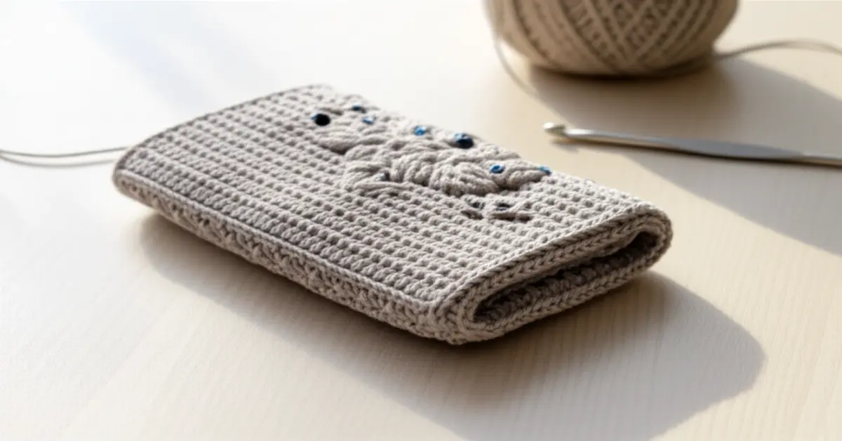 Carteira de crochê artesanal bege com detalhes em relevo e pequenas pedras azuis, ao lado de novelo de lã e agulha de crochê.