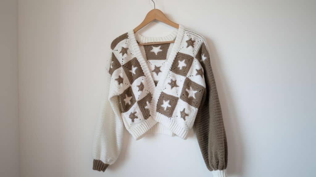 Um charmoso cardigã de crochê com padrão de estrelas pendurado em um cabide contra uma parede branca.