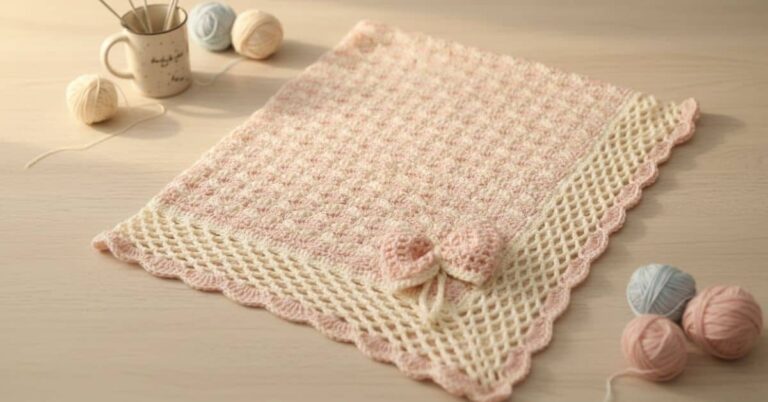 Cobertor de crochê para bebês rosa e branco com detalhes em crochê e dois laços.