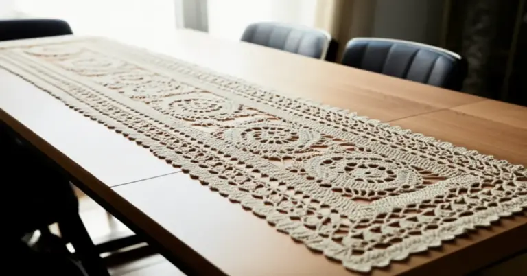 Um elegante colar de mesa de crochê bege estendido sobre uma mesa de madeira clara, com cadeiras pretas ao redor.