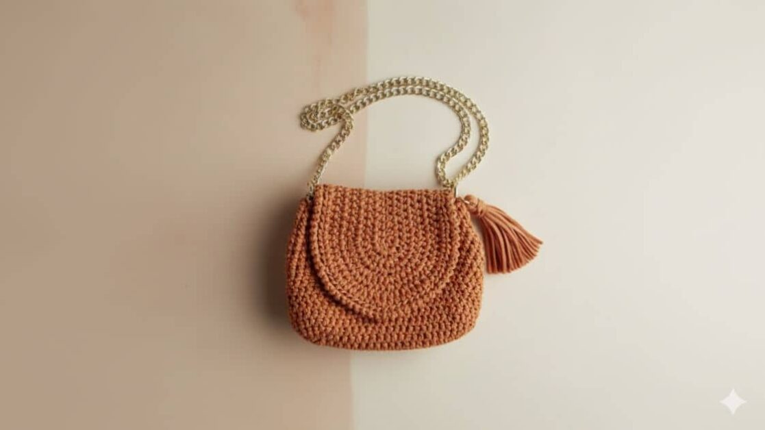 Bolsa de crochê cor de pêssego com alça de corrente dourada e detalhe de tassel.
