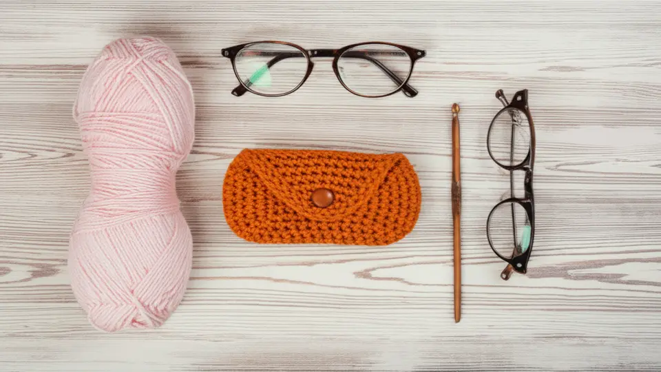 Um estojo de óculos de crochê laranja, um novelo de lã rosa, uma agulha de crochê e dois pares de óculos em um fundo de madeira.
