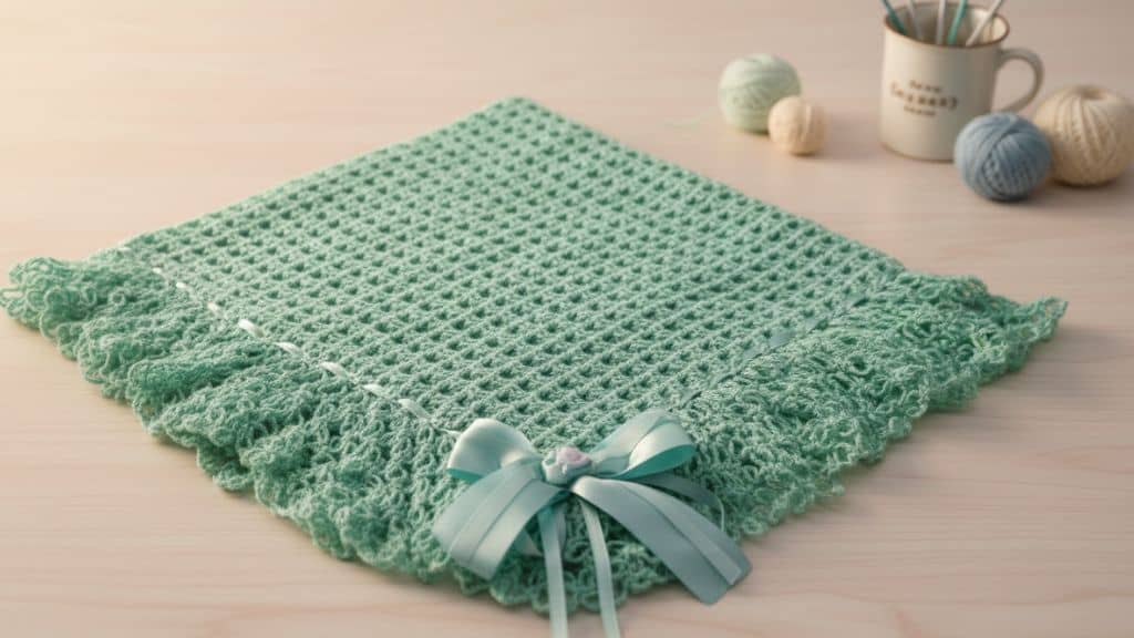 Lindo cobertor de crochê verde claro para bebês, com detalhe de borda ondulada e laço de fita azul bebê.