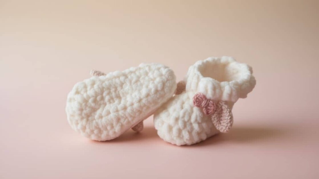 Um par de sapatinhos de crochê brancos em forma de ovelha para bebê, com detalhes em rosa claro, em fundo rosa pastel.