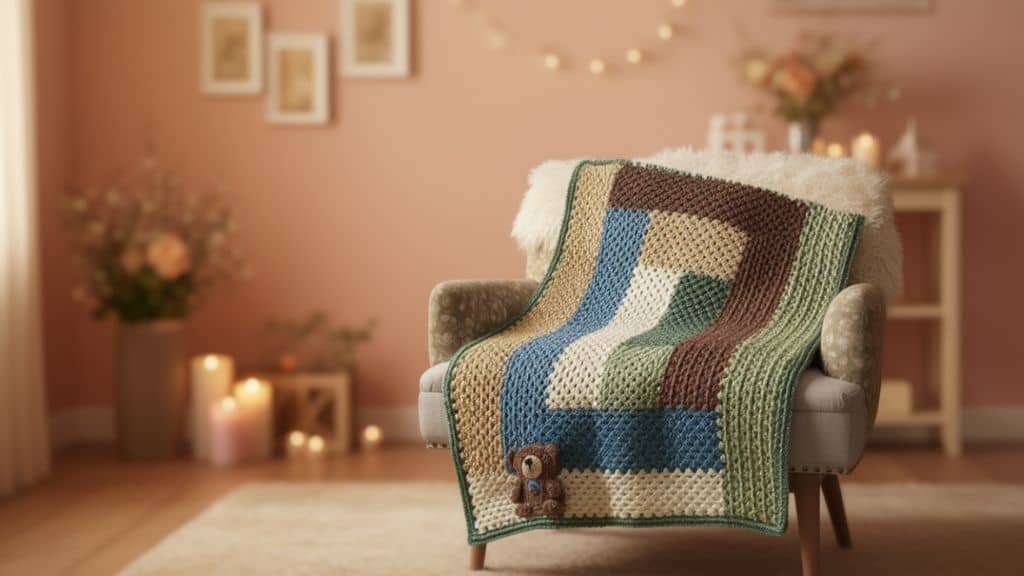 Manta de crochê para bebê em tons de marrom, bege, azul e verde, com um pequeno urso de pelúcia costurado em um dos cantos, sobre uma poltrona em um quarto aconchegante.