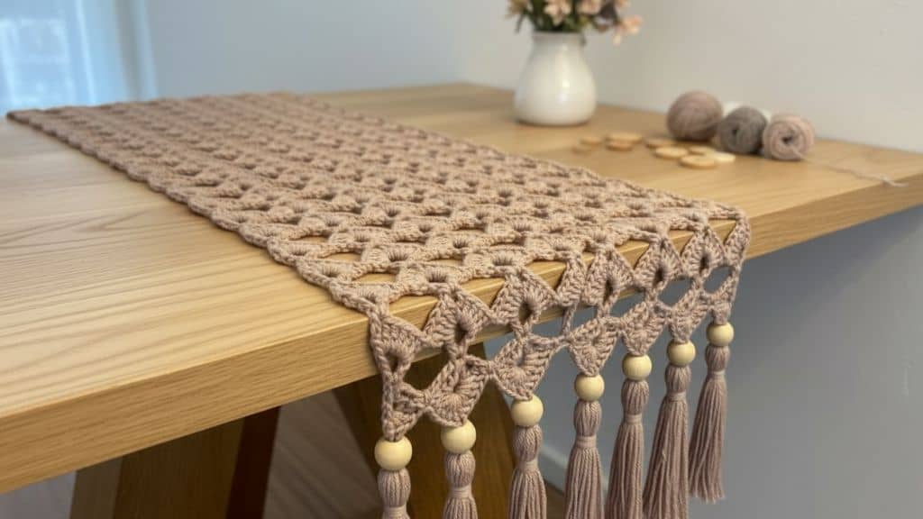 Caminho de mesa de crochê marrom claro, com detalhes vazados e franjas com contas de madeira, sobre uma mesa de madeira clara.