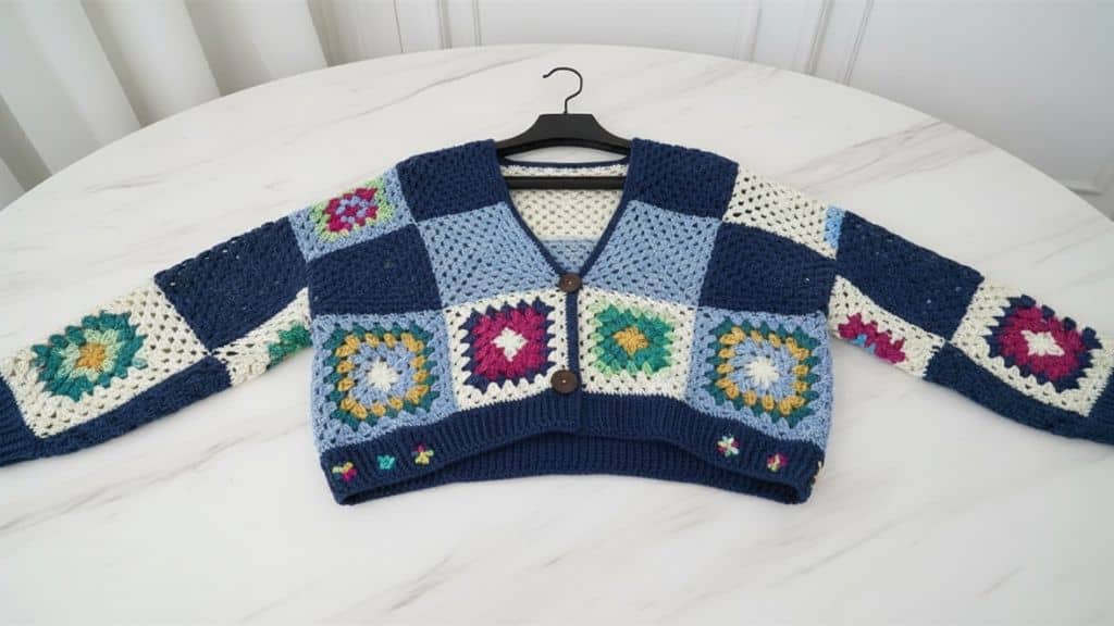 Casaco de crochê com quadrados coloridos pendurado em um cabide.