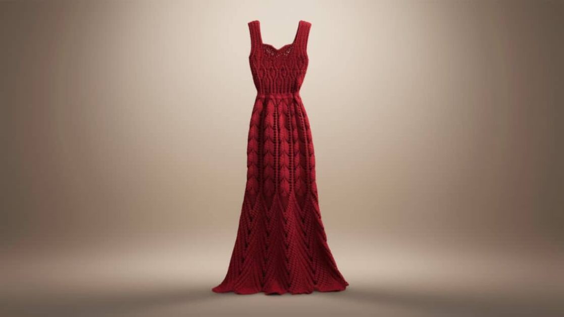 Um elegante vestido de crochê vermelho sem mangas, exibido em um fundo neutro.