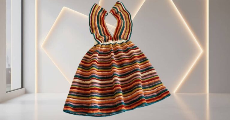 Vestido de crochê simples com listras coloridas em fundo neutro.