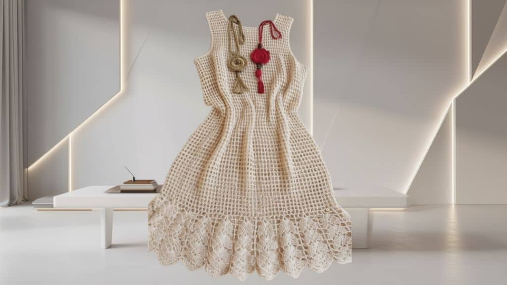 Vestido de crochê bege sem mangas pendurado em um cabide, com detalhes florais na barra.