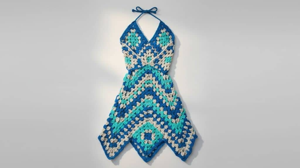 Vestido de crochê simples, azul e branco, pendurado em um fundo claro.