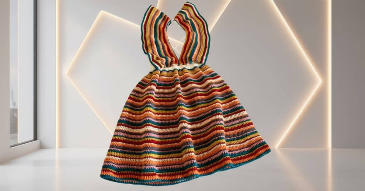 Vestido de crochê simples com listras coloridas em fundo neutro.